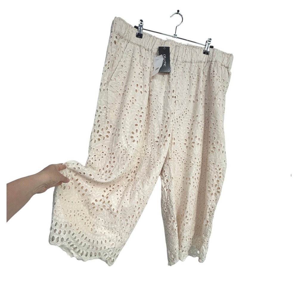 Eyelet Wide Leg Pants Large 20 Cream Coastal Resort Euro Summer Cottagecore